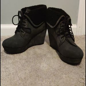 Black, lace up, wedge heeled boots